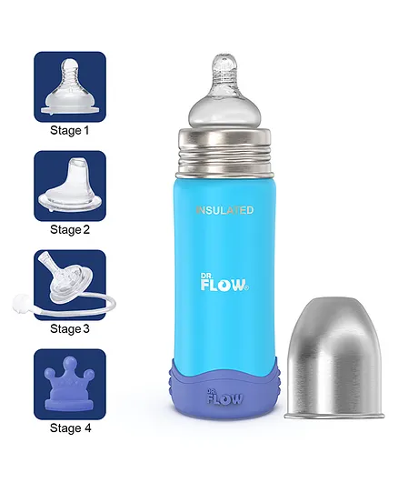 Dr.Flow Omega+ Insulated ThermoSteel Baby Feeding Bottle with Anti-skid Bumper & Silicone Closing Disc DF9013 Blue - 270 ml
