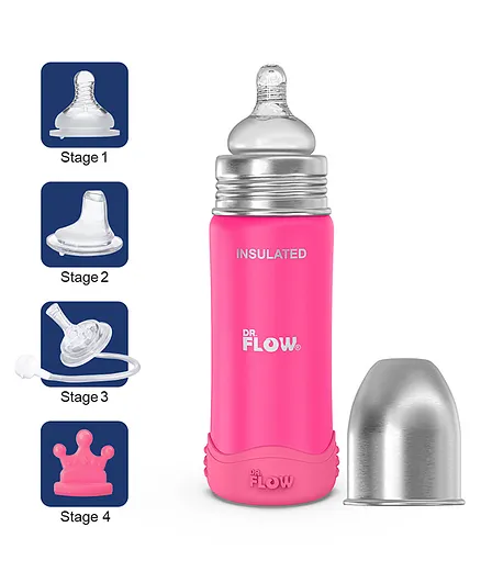 Dr.Flow Omega+ Insulated ThermoSteel Baby Feeding Bottle with Anti-skid Bumper & Silicone Closing Disc DF9013 Pink - 270 ml