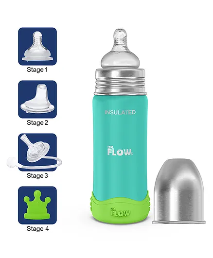 Dr.Flow Omega+ Insulated ThermoSteel Baby Feeding Bottle with Anti-skid Bumper & Silicone Closing Disc DF9013 Green - 270 ml