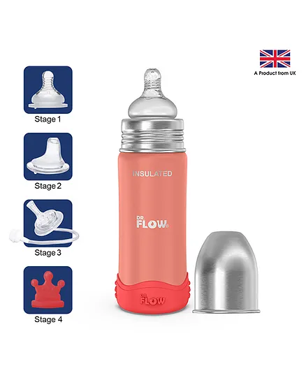 Dr.Flow Omega+ Insulated ThermoSteel Baby Feeding Bottle with Anti-skid Bumper & Silicone Closing Disc DF9013 Orange - 270 ml