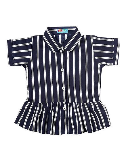 Kid Studio Short Sleeves Striped Collar Neck Top - Navy Blue