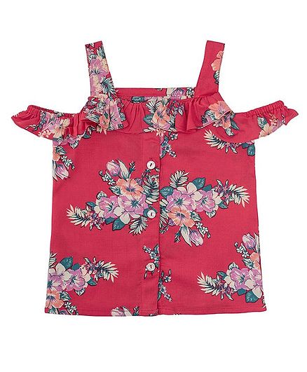 Kid Studio Short Sleeves Cold Shoulder Flower Print Top - Peach