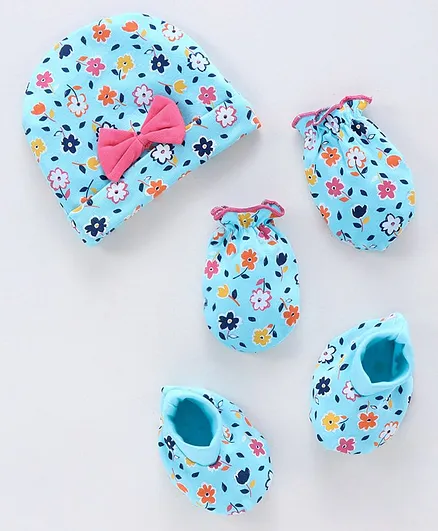 Babyhug 100% Cotton Cap Mitten & Booties Set Floral Print Blue - Diameter 10 cm