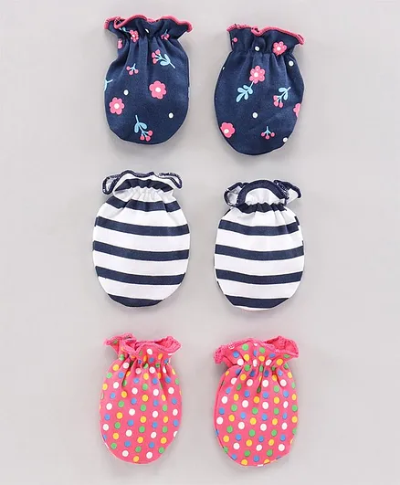 Babyhug 100% Cotton Mittens Pack of 3 - Navy Blue Pink