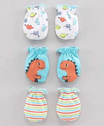 Babyhug 100% Cotton Mittens Dino Print Pack of 3 - White Blue