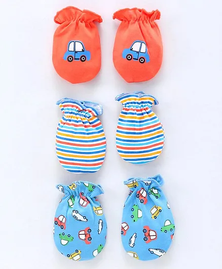 Babyhug 100% Cotton Mittens Pack of 3 - Blue Orange