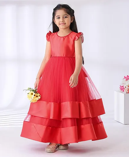 Mark & Mia Short Sleeves Layered Gown with Pearl Embellished Neckline - Red