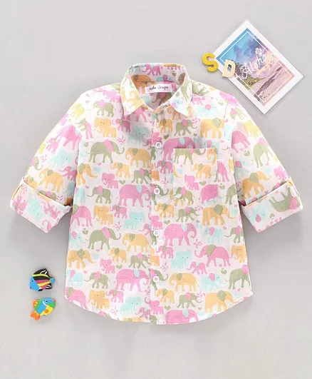 Saka Designs Full Sleeves Shirt Elephants Print - White