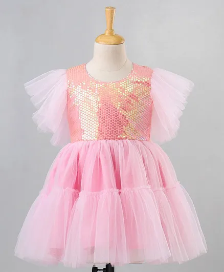 Saka Designs Half Sleeves Party Wear Frock with Reversible Sequins - Pink