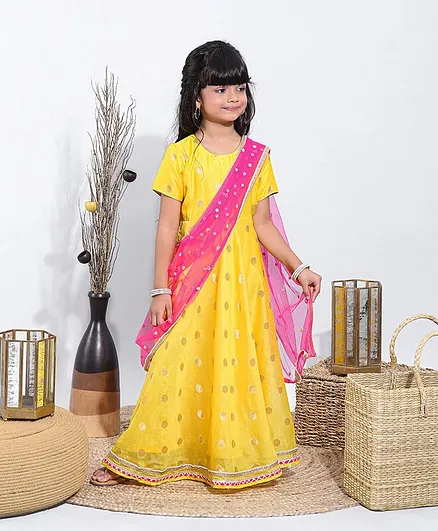 Saka Designs Half Sleeves Ethnic Dress with Dupatta - Yellow