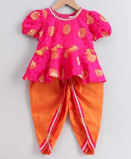 Saka Designs Half Sleeves Kurti & Dhoti Pants - Pink Orange