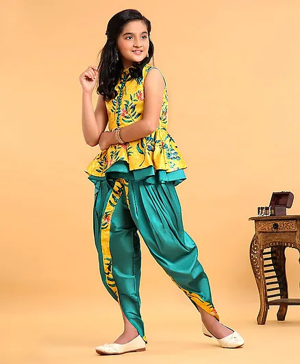 Saka Designs Sleeveless Kurta & Dhoti Set Floral Design - Yellow