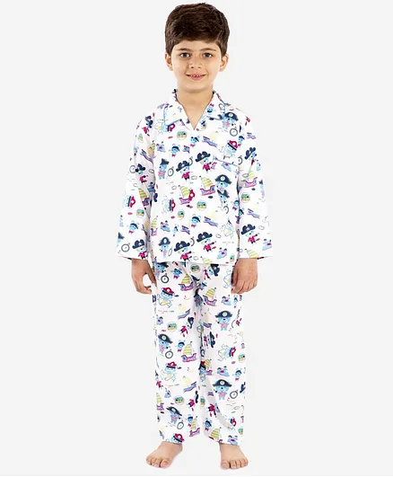 KID1 Full Sleeves Cartoon Print Night Suit - White & Blue