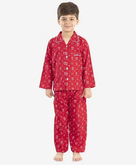 KID1 Full Sleeves Rabbit Ears Print Night Suit - Red