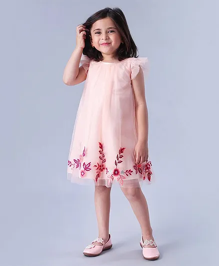 Babyhug Sleeveless Party Wear Frock Floral Embroidery - Peach