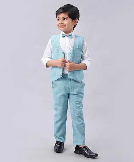 Rikidoos Solid Full Sleeves Shirt With Waistcoat & Pants Set - White & Blue