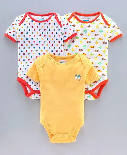 Bumzee Short Sleeves Pack Of 3 Polka Dotted & Solid Onesies - Red Yellow
