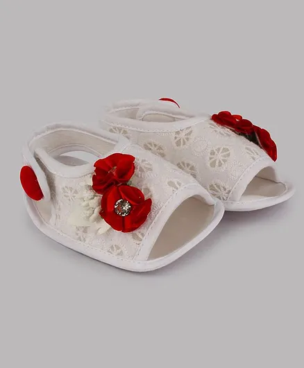 Daizy Flower Embellished Velcro Closure Booties - Red & White