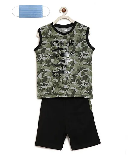 Li'L tomatoes Sleeveless Shark Printed Night Suit With Free 3-Ply Face Mask - Green