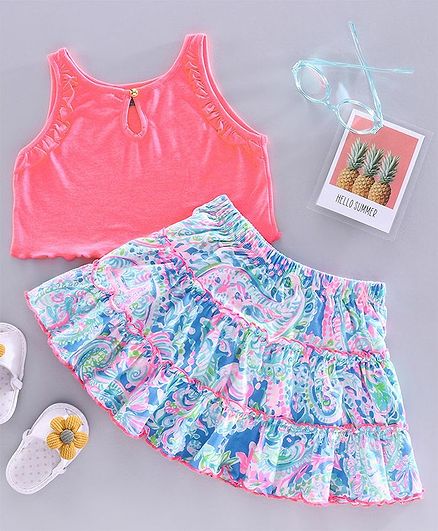 Tiara Sleeveless Crop Top With Floral Print Skirt - Pink