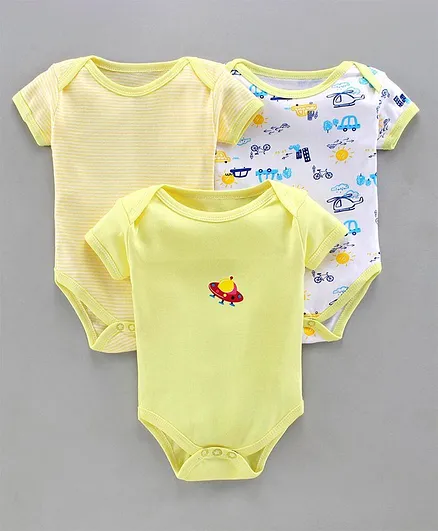 Bumzee Striped & Printed Half Sleeves Pack Of 3 Onesies - Yellow