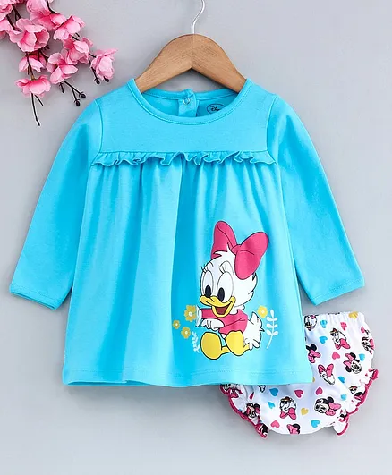Babyhug Full Sleeves Frock With Bloomer Duck Print - Blue