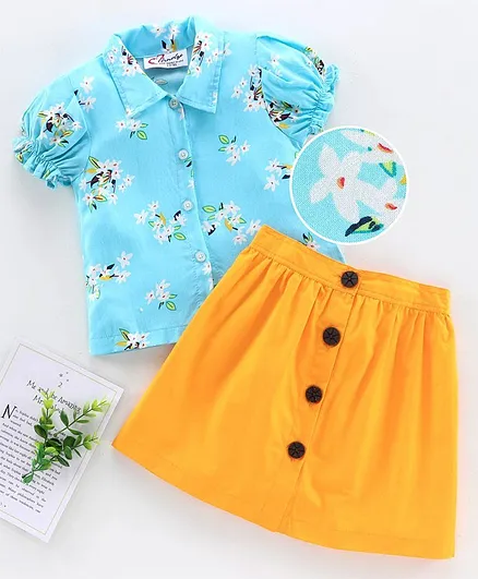 M'andy Flower Print Short Sleeves Top With Skirt - Blue