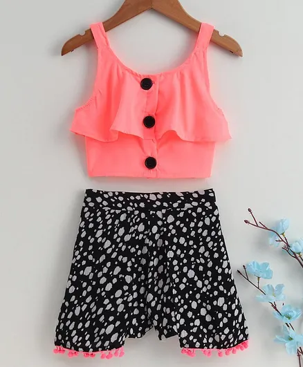 M'andy Sleeveless Top With Dots Print Skirt - Pink & Blue