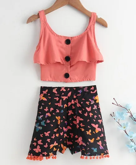 M'andy Sleeveless Top With Butterfly Print Skirt Shorts - Peach & Black