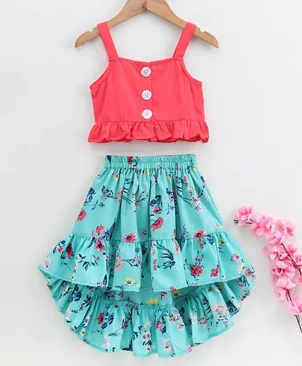 M'andy Sleeveless Top With Floral Print High Low Skirt - Blue & Pink