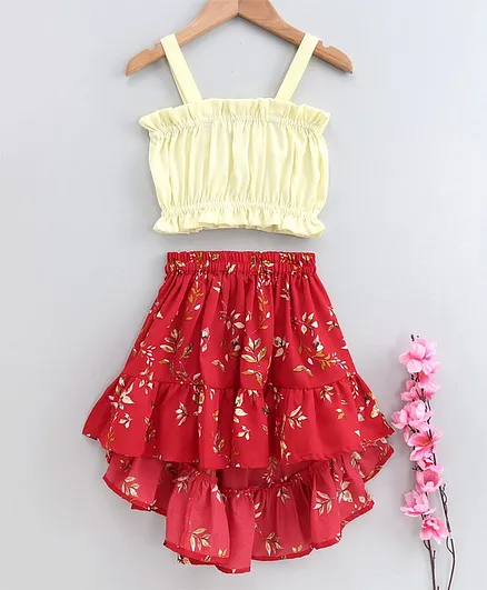 M'andy Sleeveless Frilled Top With Floral Print High Low Skirt - Red
