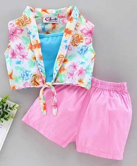 M'andy Sleeveless Floral Print Knotted Shrug With Inner & Shorts - Green & Pink