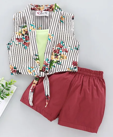 M'andy Sleeveless Floral Print Striped Knotted Shrug With Inner & Shorts - White & Maroon