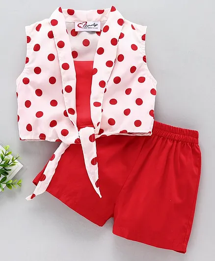 M'andy Sleeveless Polka Dots Print Knotted Shirt Style Top With Shorts - Red