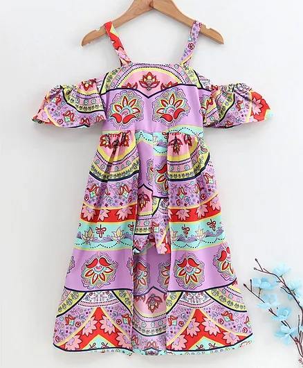 M'andy Half Sleeves Floral Print Cold Shoulder Jumpsuit - Purple