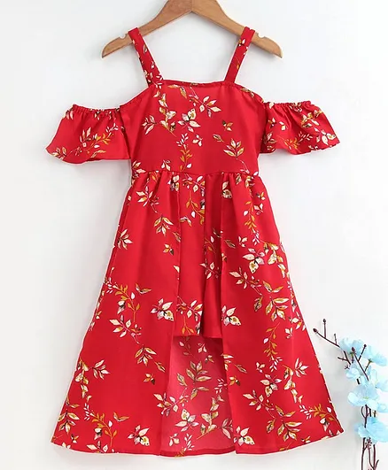 M'andy Half Sleeves Floral Print Cold Shoulder Jumpsuit - Red