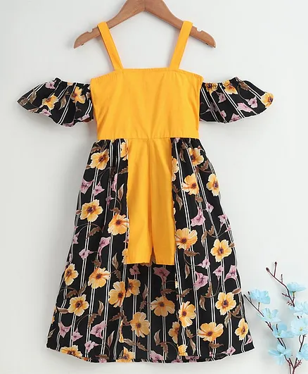 M'andy Half Sleeves Floral Print Cold Shoulder Jumpsuit - Yellow