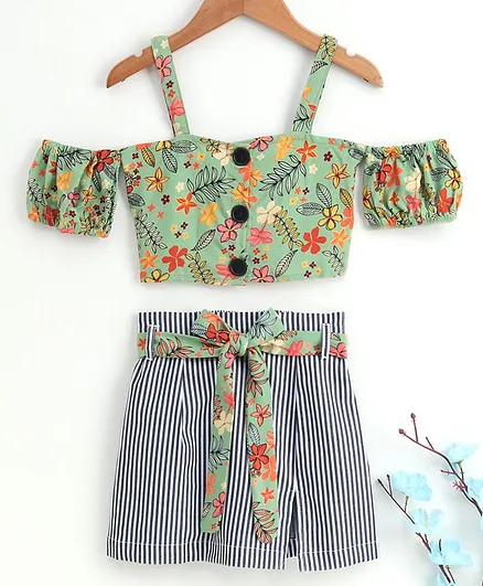 M'andy Flower Print Buttoned Shirt Style Top With A Slit Skirt - Green