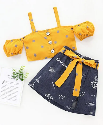 M'andy Polka Dot Print Buttoned Shirt Style Top With A Slit Skirt - Yellow