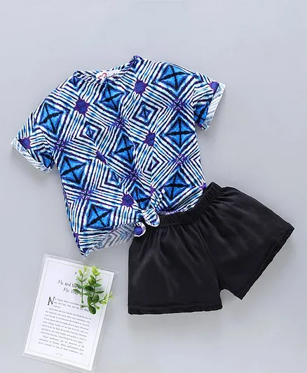 M'andy Half Sleeves Tie Dye Knotted Top With Shorts - Blue & Black