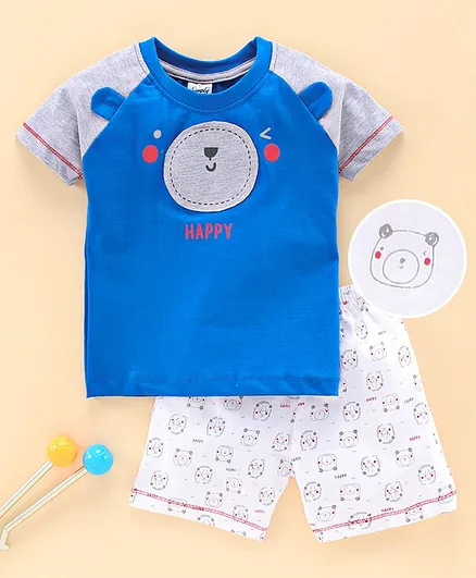 Simply Half Sleeves Tee and Shorts Set Bear Print - Blue