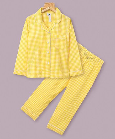 Little Carrot Full Sleeves Checked Night Suit - Yellow