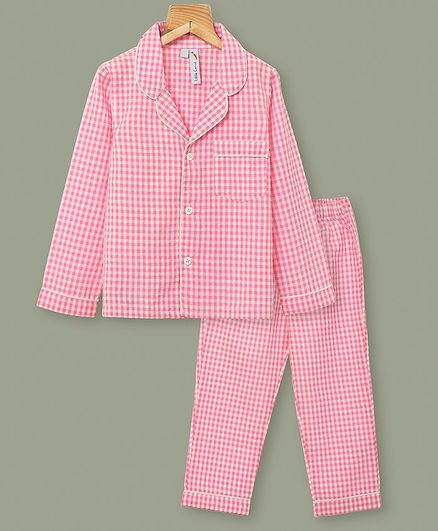 Little Carrot Full Sleeves Checked Night Suit - Pink