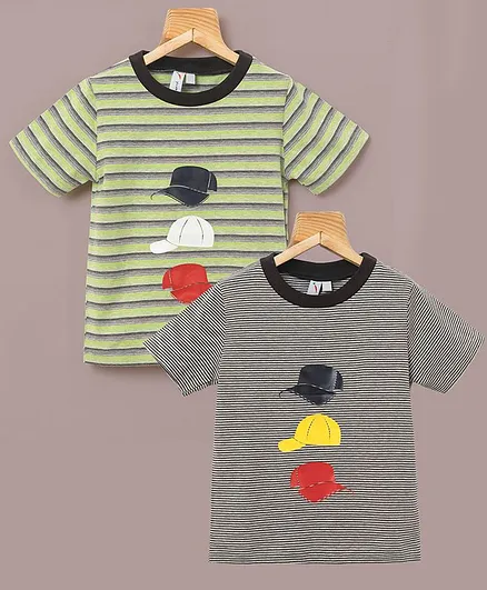 Little Carrot Pack Of 2 Half Sleeves Striped & Cap Printed Tee - Green & Grey