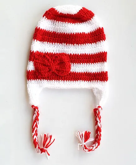 Woonie Handmade Striped Bow Embellished Cap - Circumference 49 - Red