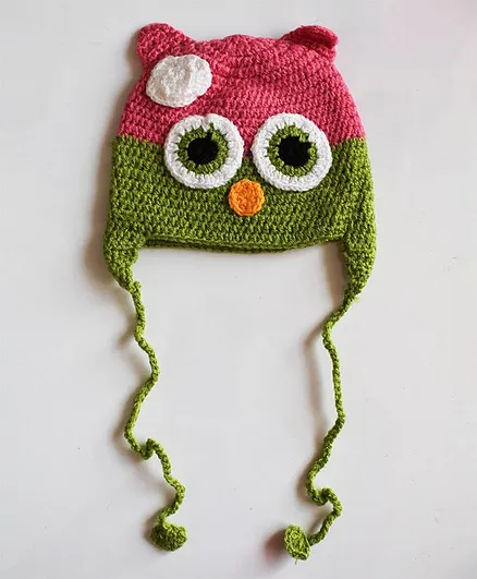 Woonie Handmade Owl Design Cap - Circumference 47 - Pink & Green