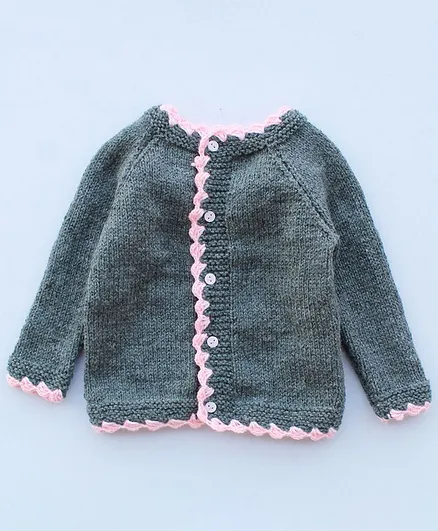 Woonie Handmade Full Sleeves Scallop Trim Sweater - Grey