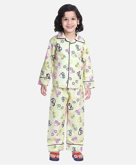 BownBee Full Sleeve Car Printed Night Suit - Yellow