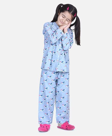 BownBee Full Sleeve Bird Printed Night Suit - Gray
