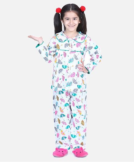 BownBee Full Sleeve Umbrella Printed Night Suit - White